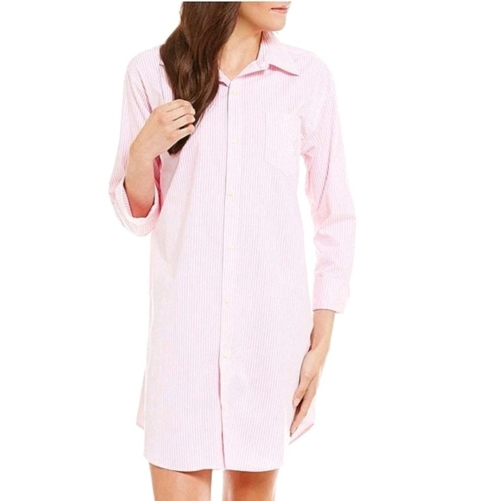 Lauren Ralph Lauren Pink Striped Button Down Sleepshirt Nightgown Small